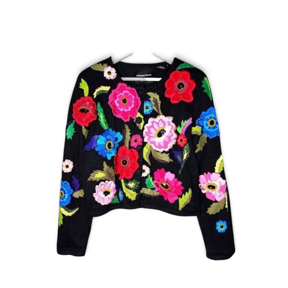 MICHAEL SIMON Vintage 90s Art to Wear Floral Cardigan Ramie Cotton Black Size M